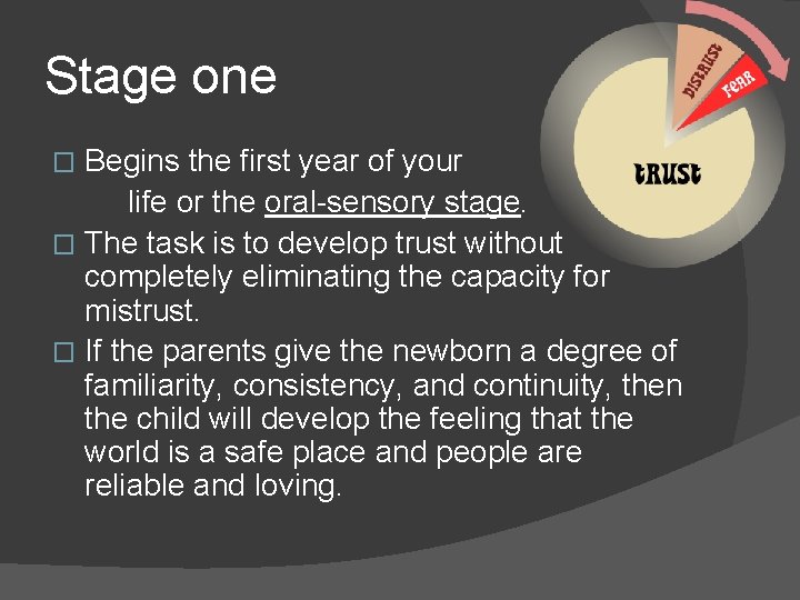 Stage one Begins the first year of your life or the oral-sensory stage. �