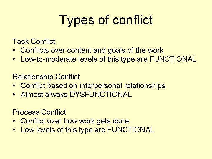 Types of conflict Task Conflict • Conflicts over content and goals of the work
