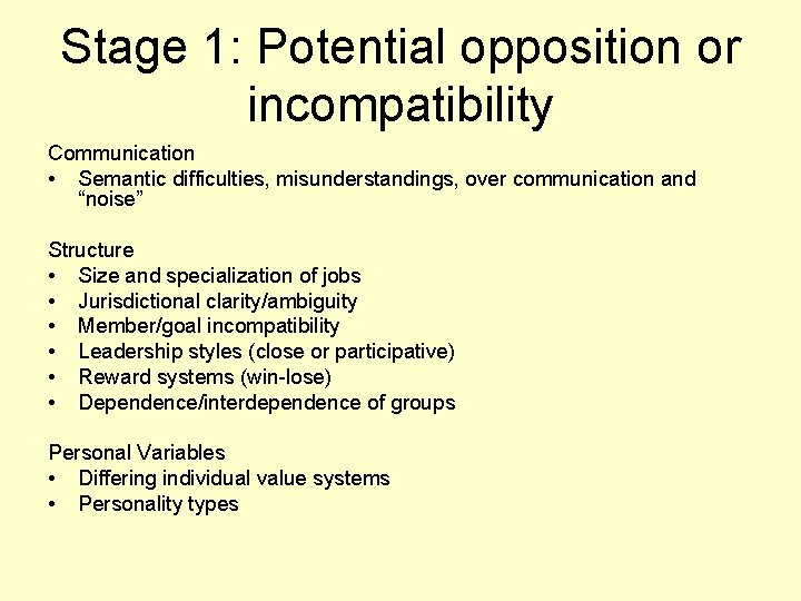 Stage 1: Potential opposition or incompatibility Communication • Semantic difficulties, misunderstandings, over communication and