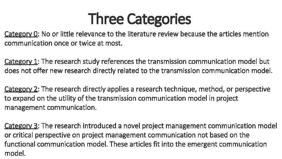 Three Categories Category 0: No or little relevance to the literature review because the