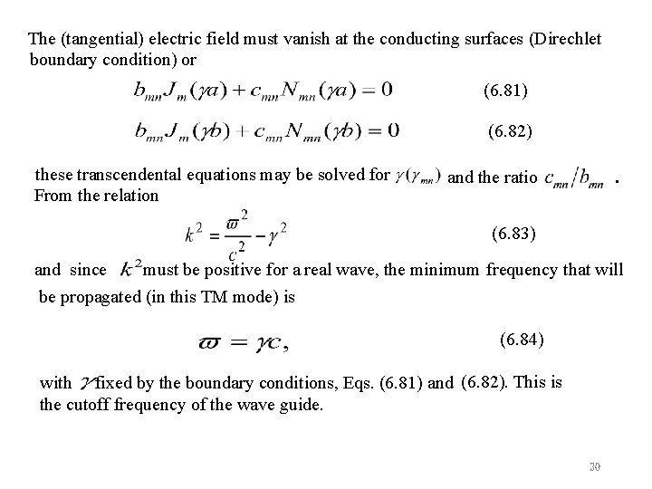 The (tangential) electric field must vanish at the conducting surfaces (Direchlet boundary condition) or