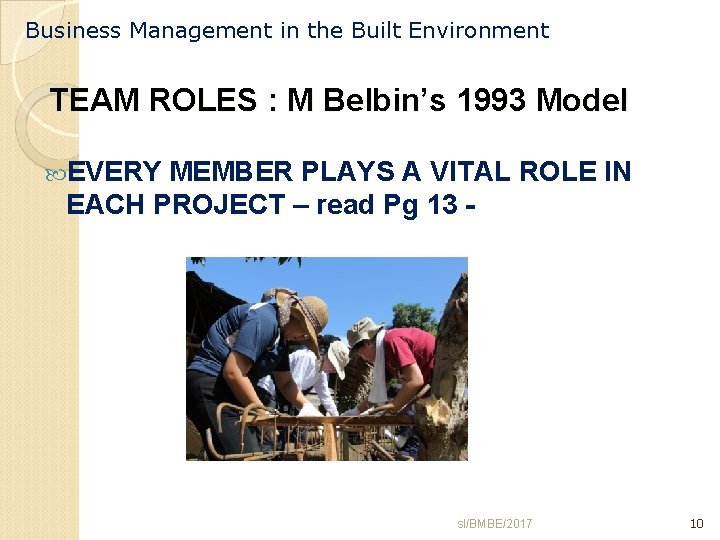 Business Management in the Built Environment TEAM ROLES : M Belbin’s 1993 Model EVERY