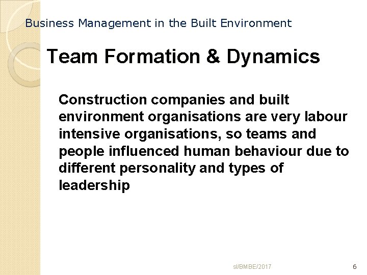 Business Management in the Built Environment Team Formation & Dynamics Construction companies and built