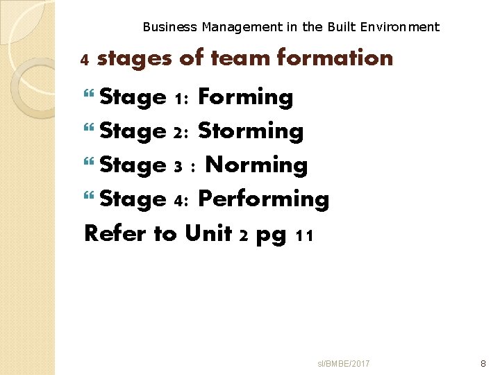 Business Management in the Built Environment 4 stages of team formation Stage 1: Forming