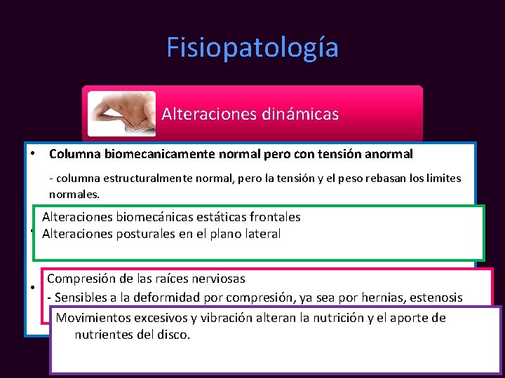 Fisiopatología Alteraciones dinámicas • Columna biomecanicamente normal pero con tensión anormal - columna estructuralmente