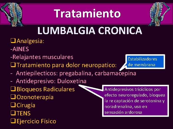 Tratamiento LUMBALGIA CRONICA q. Analgesia: -AINES -Relajantes musculares Estabilizadores de membrana q. Tratamiento para