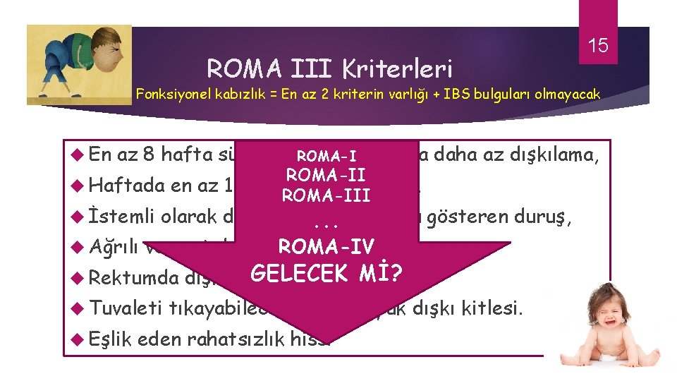 ROMA III Kriterleri 15 Fonksiyonel kabızlık = En az 2 kriterin varlığı + IBS