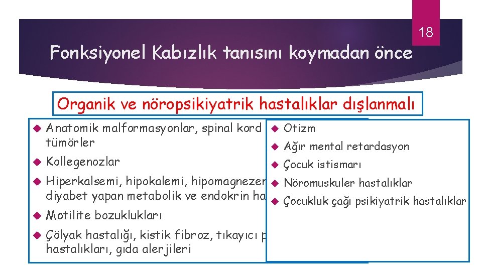 Fonksiyonel Kabızlık tanısını koymadan önce 18 Organik ve nöropsikiyatrik hastalıklar dışlanmalı Otizm Anatomik malformasyonlar,