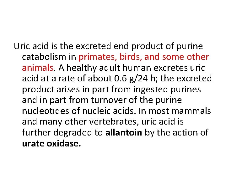 Uric acid is the excreted end product of purine catabolism in primates, birds, and