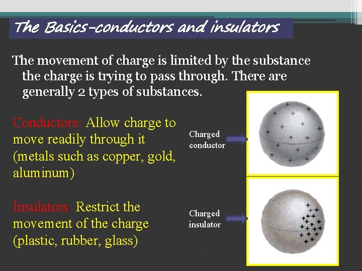 The Basics-conductors and insulators The movement of charge is limited by the substance the