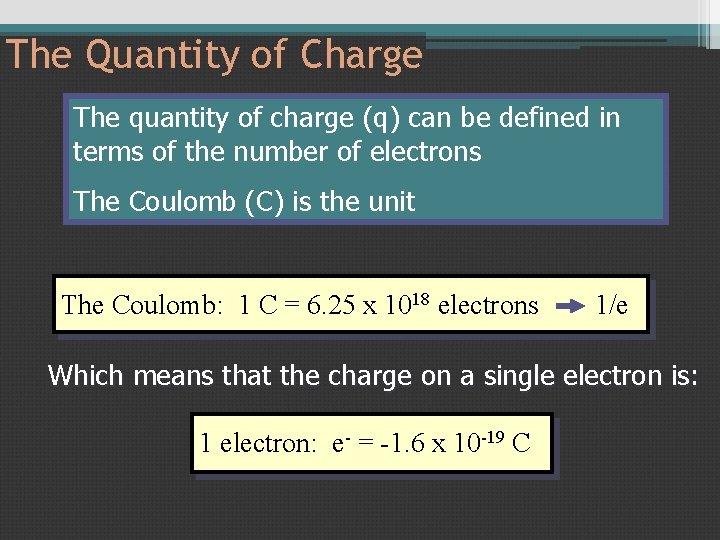 The Quantity of Charge The quantity of charge (q) can be defined in terms