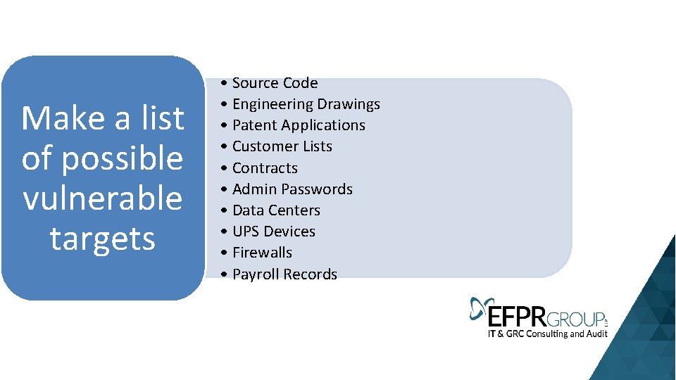 Make a list of possible vulnerable targets • Source Code • Engineering Drawings •