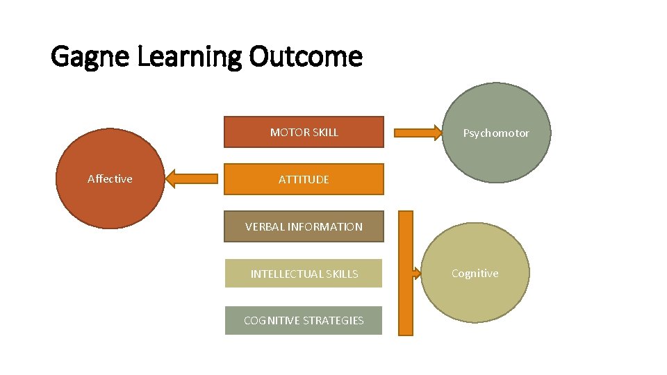 Gagne Learning Outcome MOTOR SKILL Affective Psychomotor ATTITUDE VERBAL INFORMATION INTELLECTUAL SKILLS COGNITIVE STRATEGIES