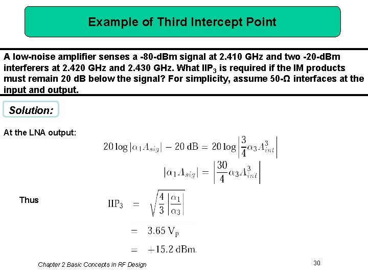 Example of Third Intercept Point A low-noise amplifier senses a -80 -d. Bm signal
