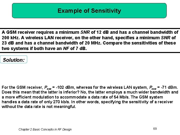 Example of Sensitivity A GSM receiver requires a minimum SNR of 12 d. B