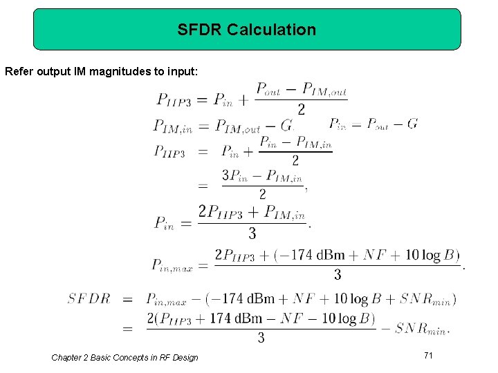 SFDR Calculation Refer output IM magnitudes to input: Chapter 2 Basic Concepts in RF
