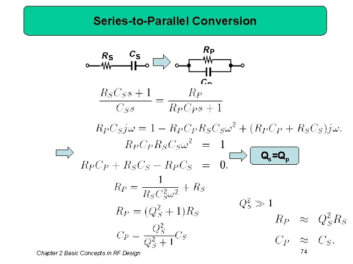 Series-to-Parallel Conversion Qs=Qp Chapter 2 Basic Concepts in RF Design 74 