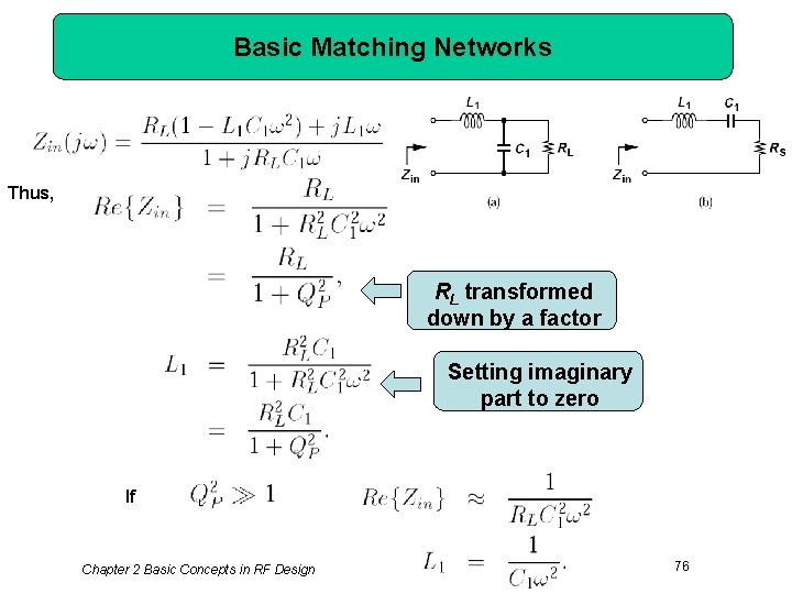 Basic Matching Networks Thus, RL transformed down by a factor Setting imaginary part to