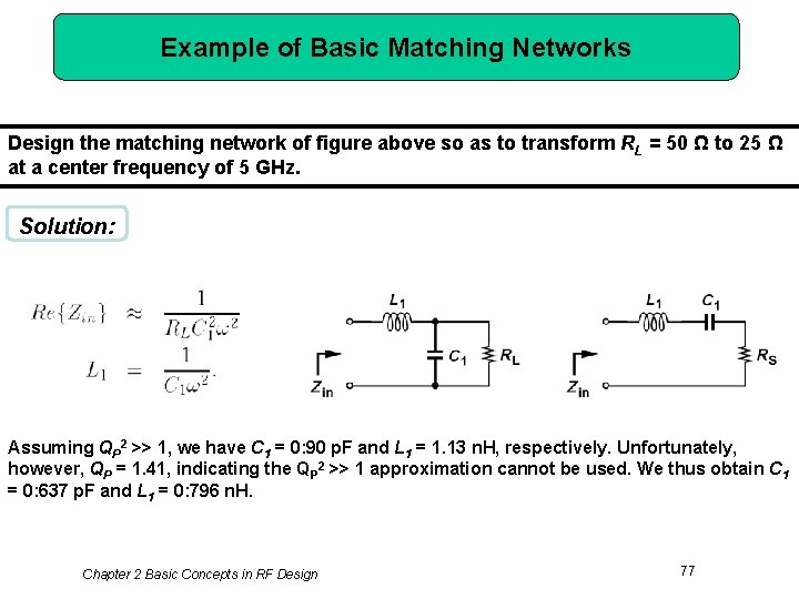 Example of Basic Matching Networks Design the matching network of figure above so as