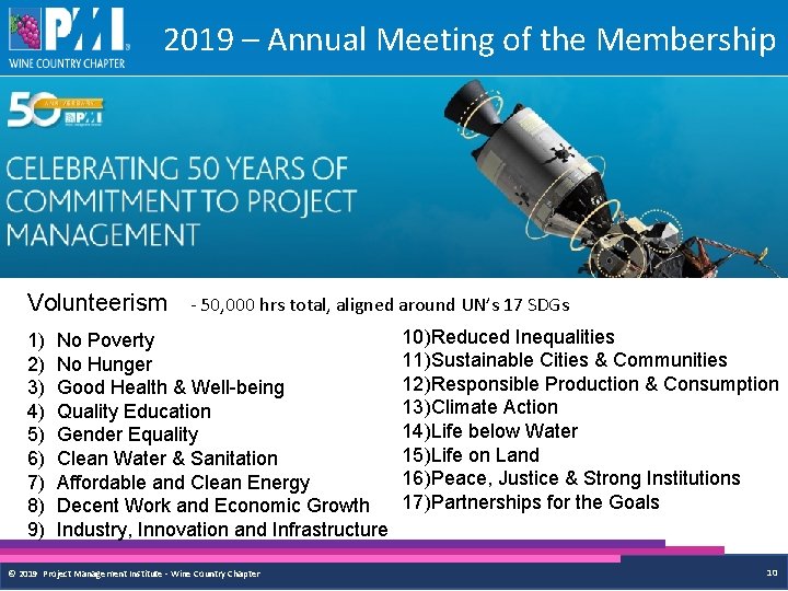 2019 – Annual Meeting of the Membership Volunteerism - 50, 000 hrs total, aligned