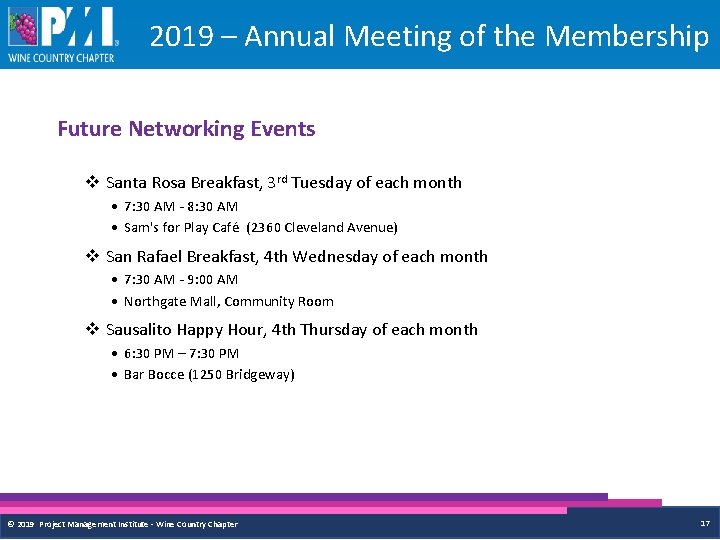 2019 – Annual Meeting of the Membership Future Networking Events v Santa Rosa Breakfast,