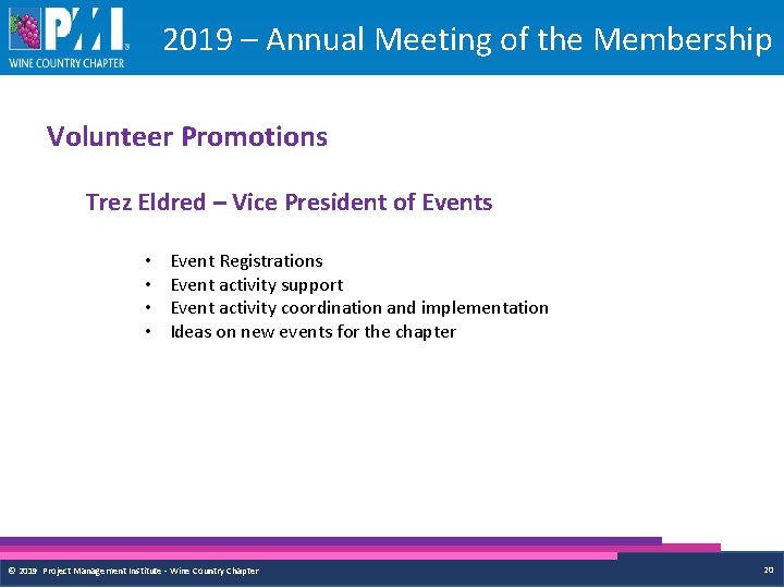 2019 – Annual Meeting of the Membership Volunteer Promotions Trez Eldred – Vice President