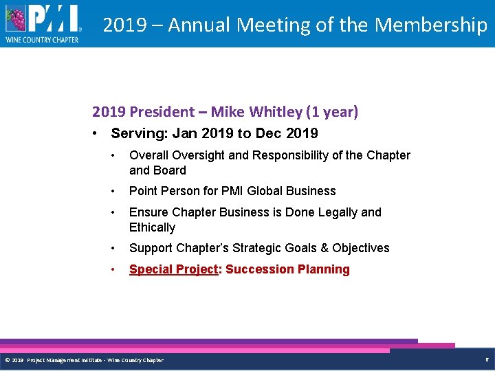 2019 – Annual Meeting of the Membership 2019 President – Mike Whitley (1 year)