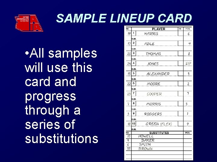 SAMPLE LINEUP CARD • All samples will use this card and progress through a