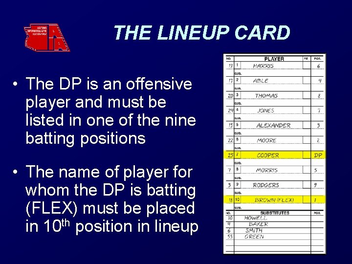 THE LINEUP CARD • The DP is an offensive player and must be listed