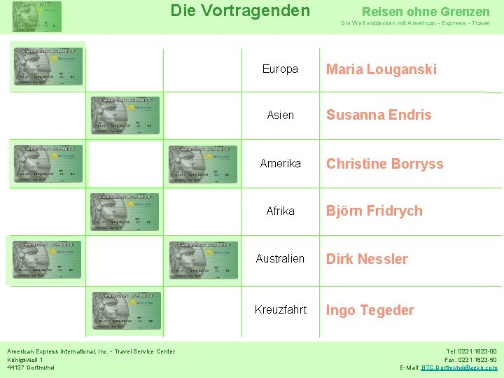 Die Vortragenden Europa Maria Louganski Asien Susanna Endris Amerika Afrika American Express International, Inc.