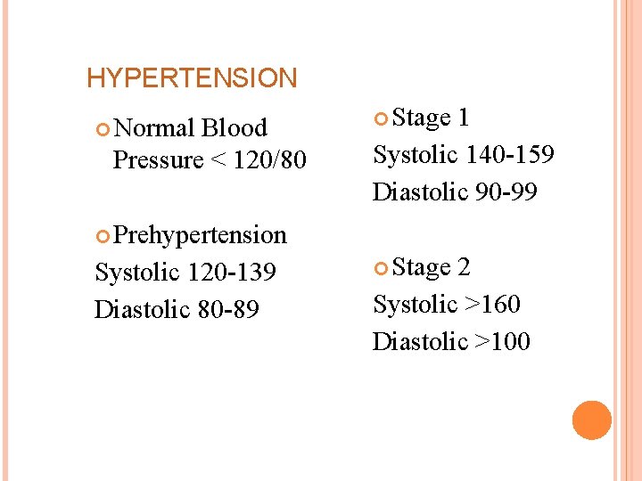 HYPERTENSION Normal Blood Pressure < 120/80 Stage 1 Systolic 140 -159 Diastolic 90 -99