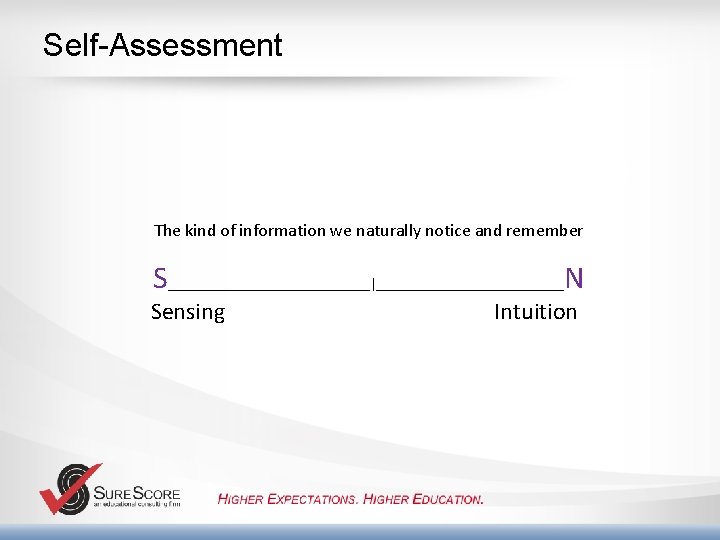 Self-Assessment The kind of information we naturally notice and remember S_______________|______________N Sensing Intuition 