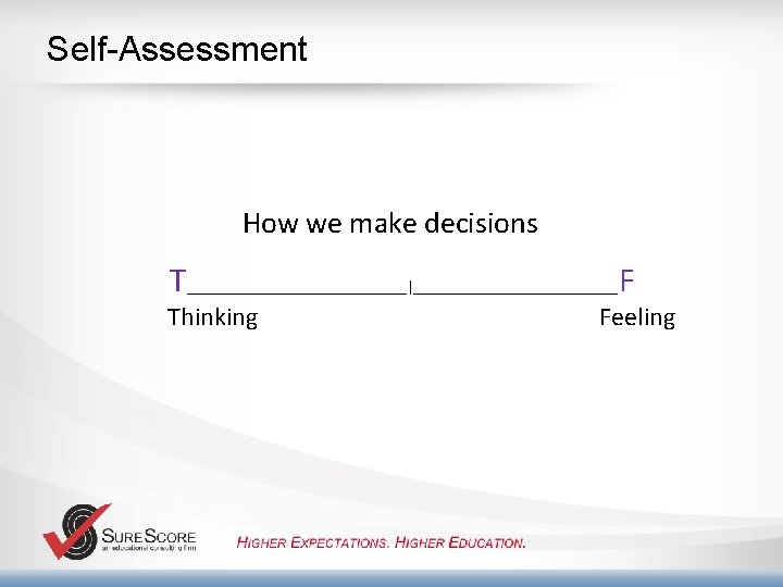 Self-Assessment How we make decisions T_______________|______________F Thinking Feeling 