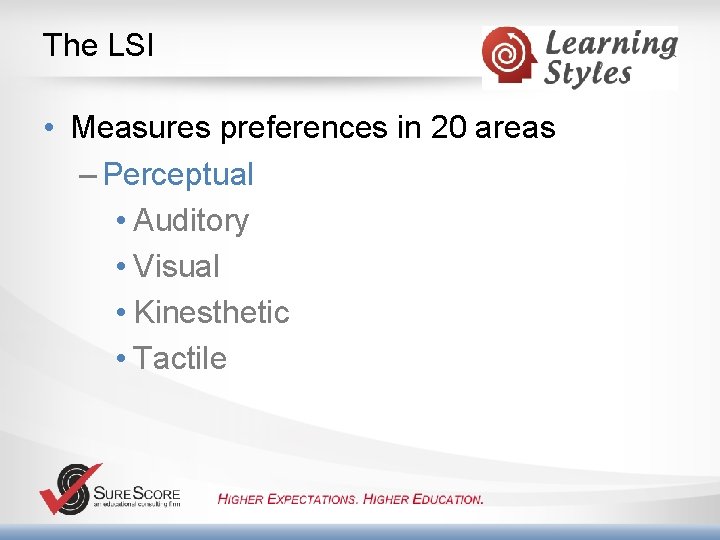 The LSI • Measures preferences in 20 areas – Perceptual • Auditory • Visual