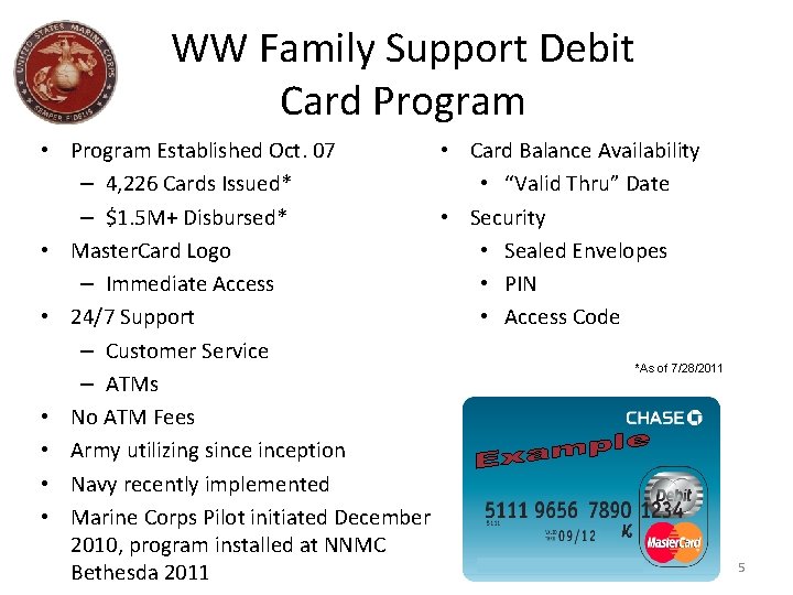 WW Family Support Debit Card Program • Program Established Oct. 07 • Card Balance