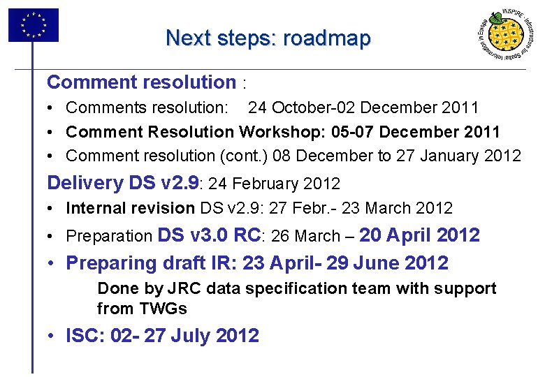 Next steps: roadmap Comment resolution : • Comments resolution: 24 October-02 December 2011 •