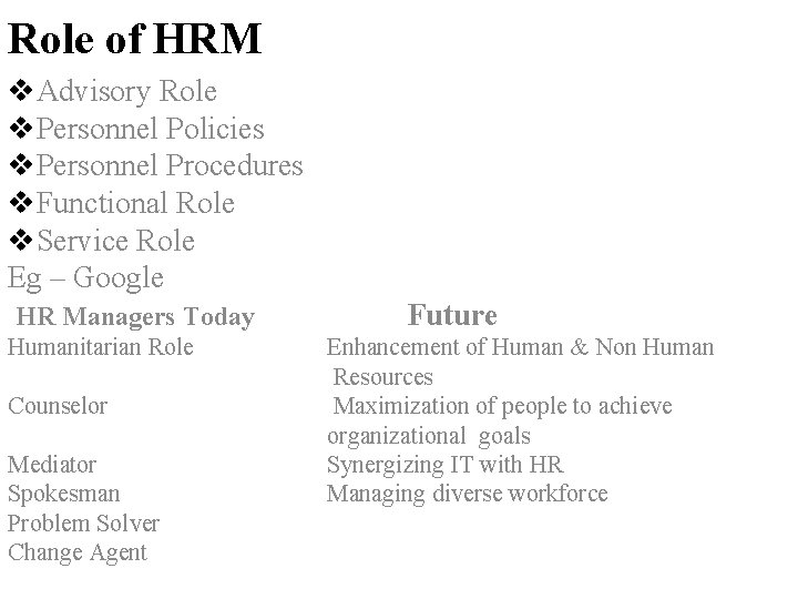 Role of HRM v. Advisory Role v. Personnel Policies v. Personnel Procedures v. Functional