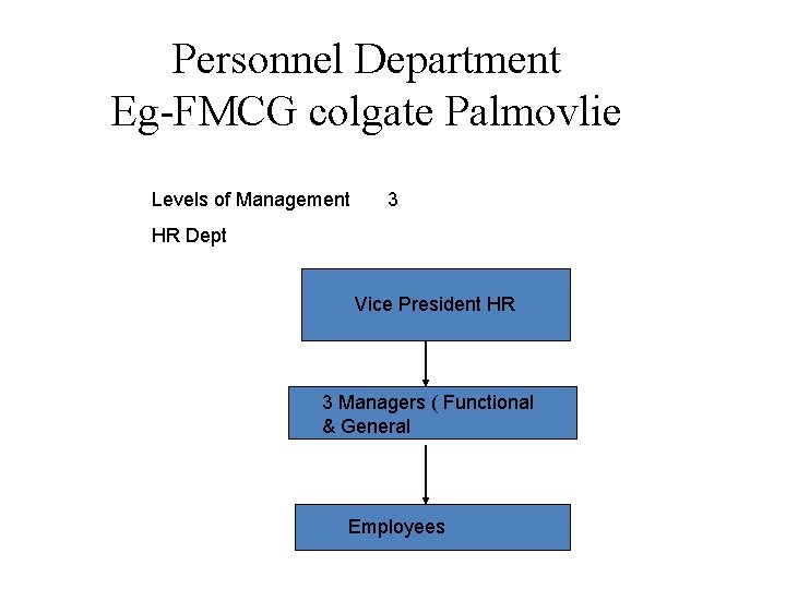 Personnel Department Eg-FMCG colgate Palmovlie Levels of Management 3 HR Dept Vice President HR