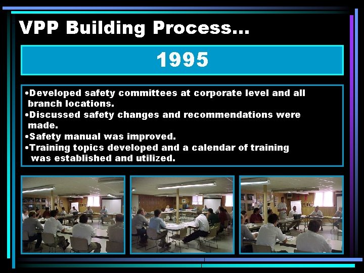 VPP Building Process. . . 1995 • Developed safety committees at corporate level and