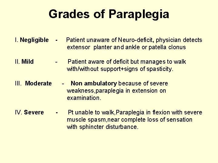 Grades of Paraplegia I. Negligible - Patient unaware of Neuro-deficit, physician detects extensor planter