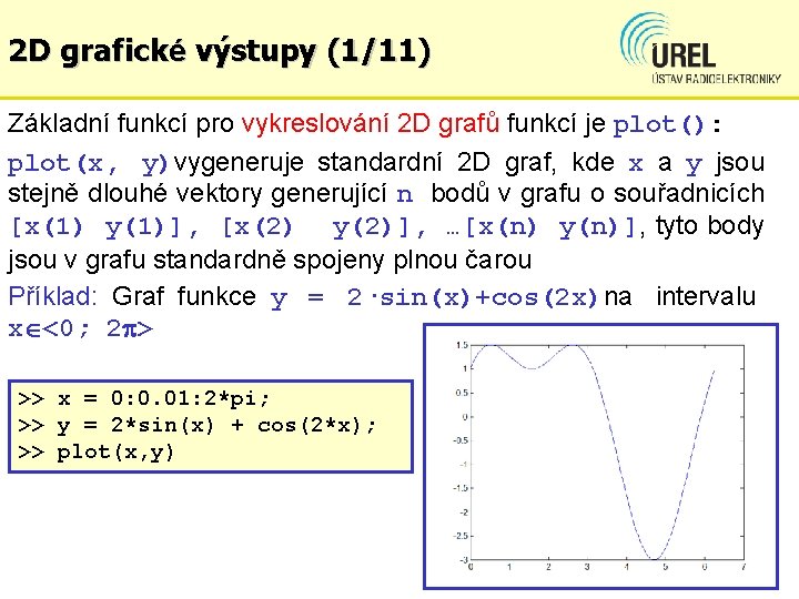 2 D grafické výstupy (1/11) Základní funkcí pro vykreslování 2 D grafů funkcí je