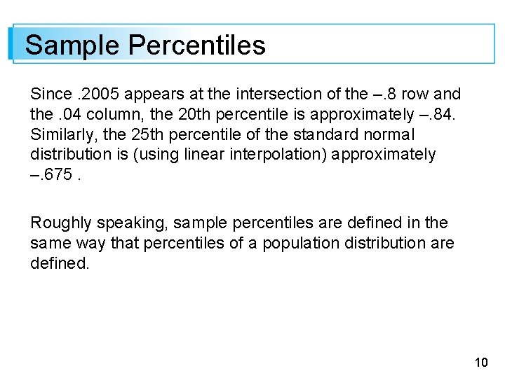 Sample Percentiles Since. 2005 appears at the intersection of the –. 8 row and