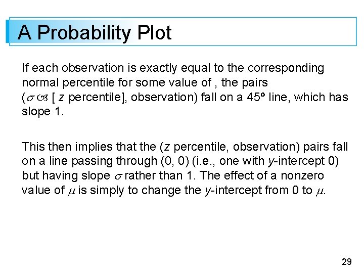 A Probability Plot If each observation is exactly equal to the corresponding normal percentile