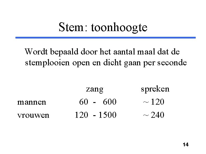 Stem: toonhoogte Wordt bepaald door het aantal maal dat de stemplooien open en dicht