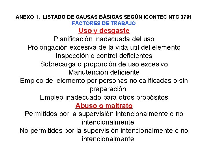 ANEXO 1. LISTADO DE CAUSAS BÁSICAS SEGÚN ICONTEC NTC 3791 FACTORES DE TRABAJO Uso