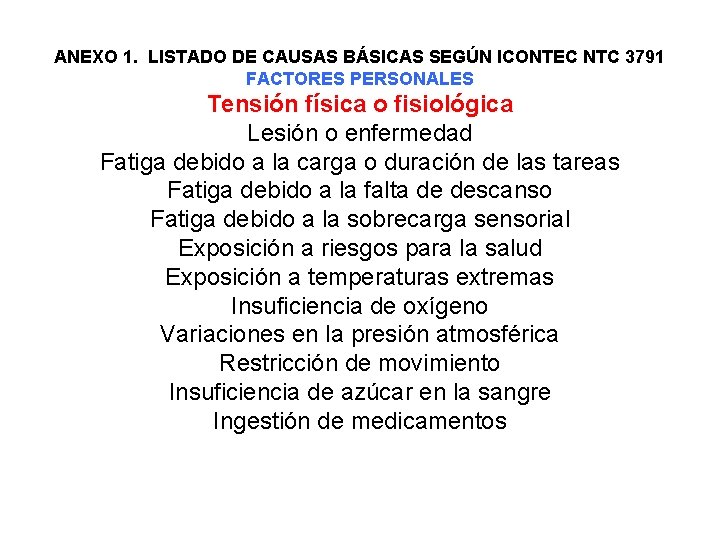 ANEXO 1. LISTADO DE CAUSAS BÁSICAS SEGÚN ICONTEC NTC 3791 FACTORES PERSONALES Tensión física