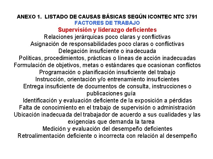 ANEXO 1. LISTADO DE CAUSAS BÁSICAS SEGÚN ICONTEC NTC 3791 FACTORES DE TRABAJO Supervisión