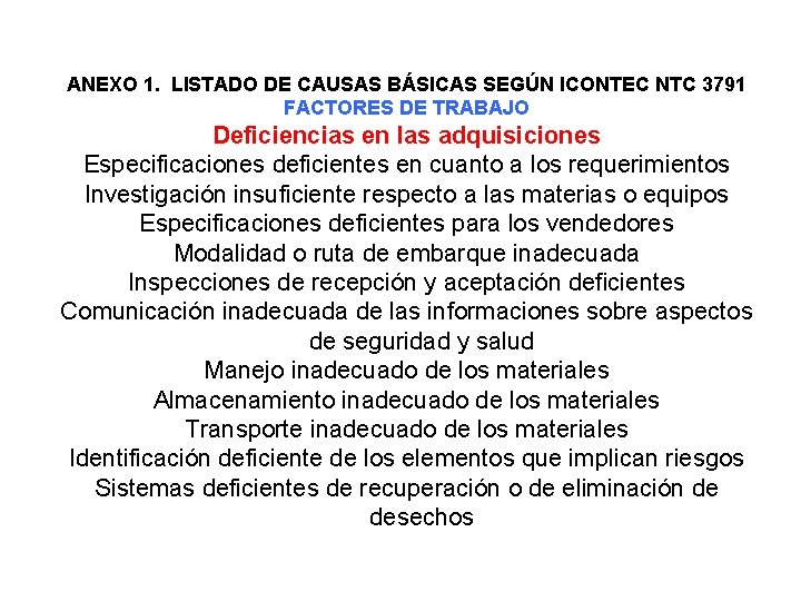 ANEXO 1. LISTADO DE CAUSAS BÁSICAS SEGÚN ICONTEC NTC 3791 FACTORES DE TRABAJO Deficiencias