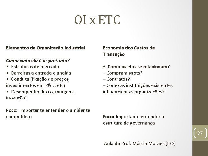 OI x ETC Elementos de Organização Industrial Como cada elo é organizado? • Estruturas