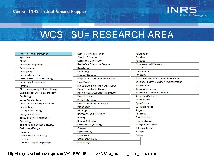 WOS : SU= RESEARCH AREA http: //images. webofknowledge. com/WOKRS 514 B 4/help/WOS/hp_research_areas_easca. html 